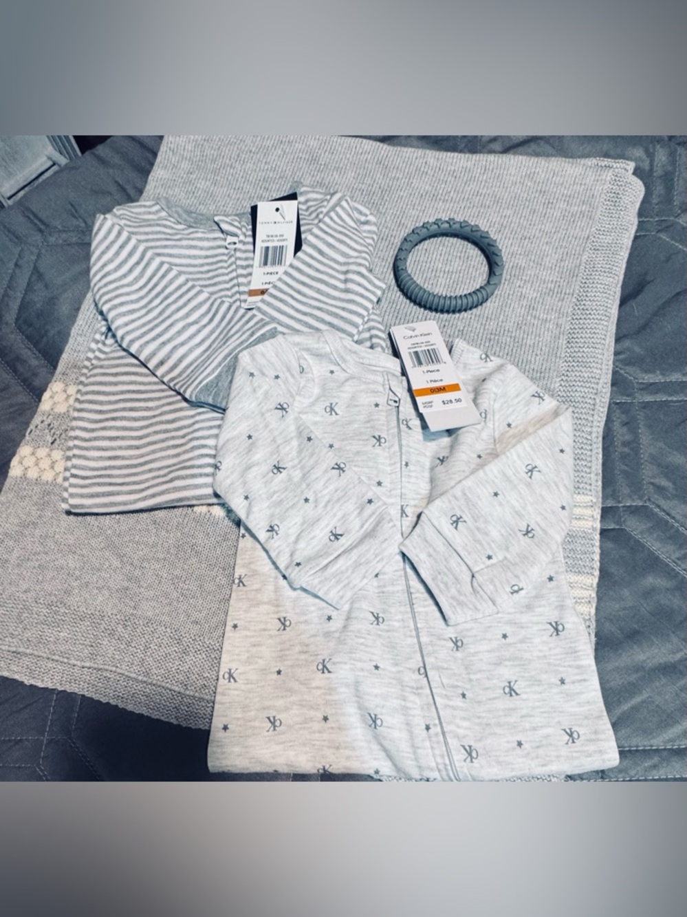 Tommy Hilfiger Gray & White Striped Baby Zip Romper